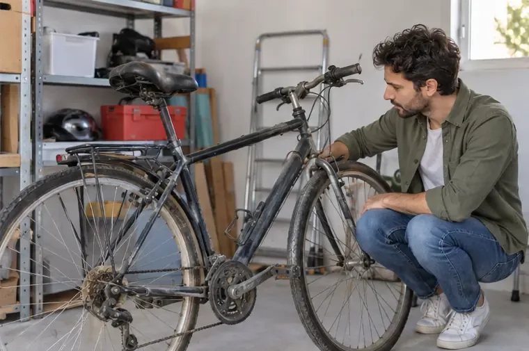 Une personne examine attentivement un vélo ancien dans un espace de rangement