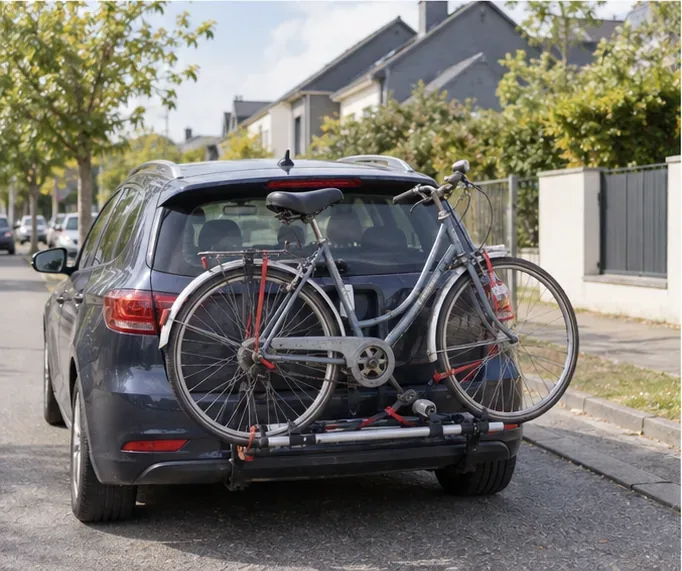 Un vélo ancien est fixé sur un porte-vélos à l’arrière d’une voiture dans une rue résidentielle.