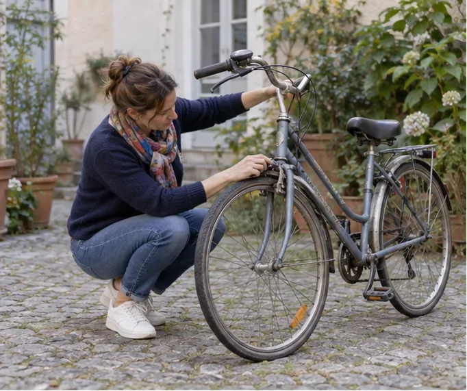 Une personne vérifie les freins et la roue avant d’un vélo usagé dans une cour intérieure.