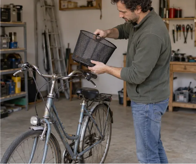 Un vélo est préparé dans un garage pendant que son propriétaire retire un panier amovible.