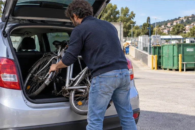 Un homme charge un vieux vélo dans le coffre d’une voiture devant un centre de tri générique