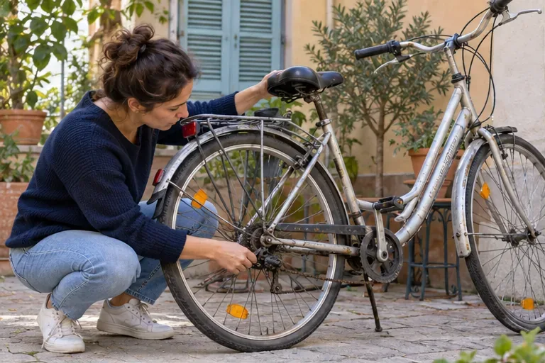 Une femme examine la roue arrière, la chaîne et la selle d’un vélo ancien dans une cour