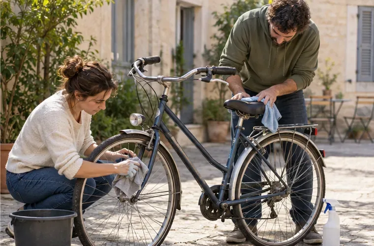 Deux personnes nettoient et inspectent un vélo encore complet dans une cour