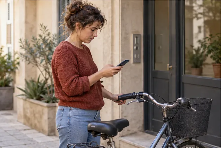 Une habitante consulte son téléphone en tenant un vélo devant l’entrée d’un immeuble