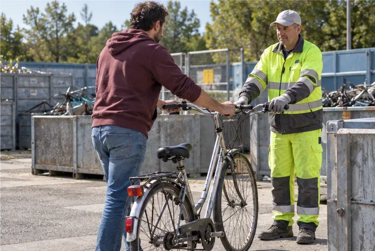 Un habitant présente un vélo à un agent devant des bennes de collecte dans une déchèterie