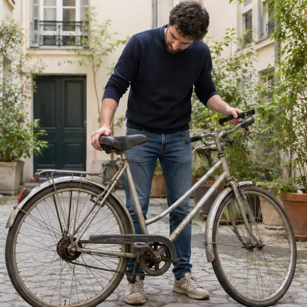 Un homme inspecte un vieux vélo dans une cour parisienne avant de décider s’il peut être réparé ou réemployé.
