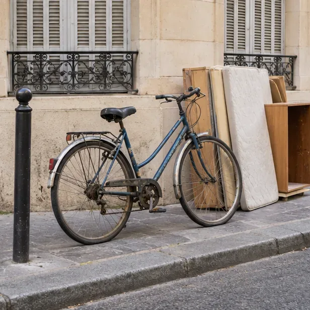 Un vieux vélo appuyé sur un trottoir à côté d’objets encombrants, illustrant un dépôt qui ne doit pas être laissé sans démarche officielle.