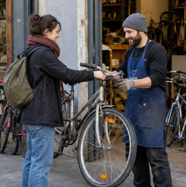 Une femme remet un vélo usagé à un réparateur devant un atelier, illustrant le don ou le réemploi avant recyclage.