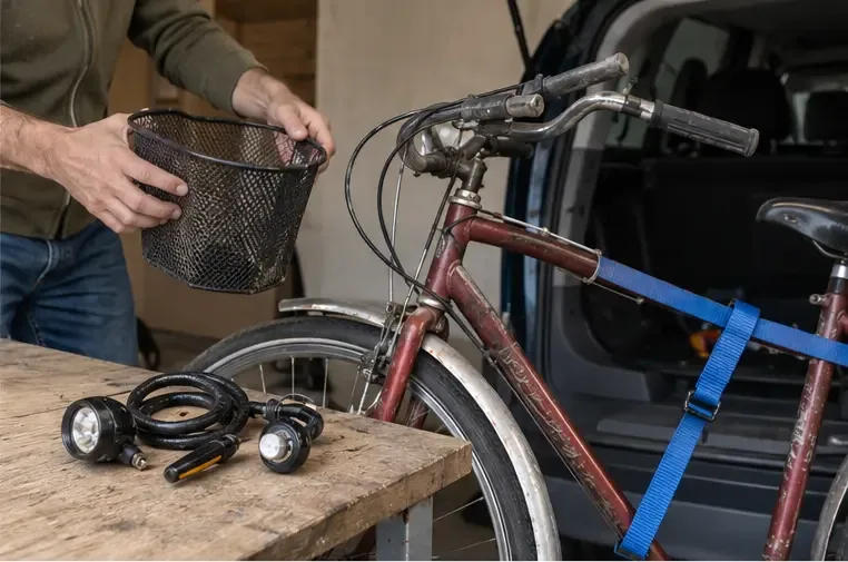 Mains retirant un panier et des accessoires d’un vélo attaché pour le transport