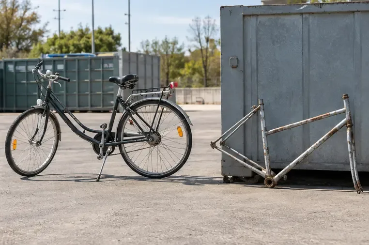 Vélo intact séparé pour le réemploi et cadre métallique endommagé près d’un conteneur