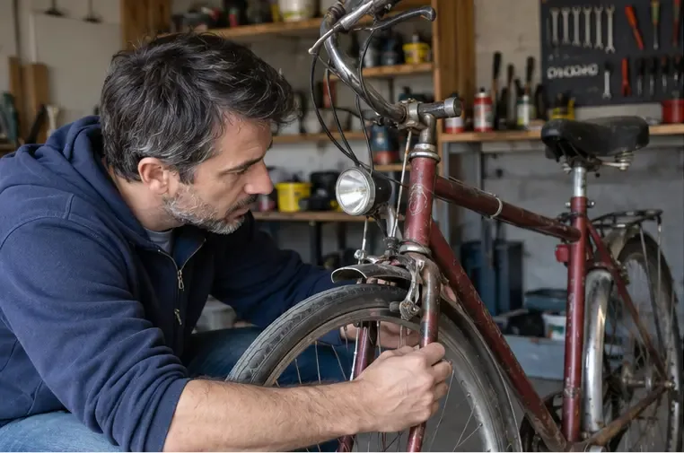 Personne examinant le cadre, les pneus et le frein d’un vieux vélo dans un garage