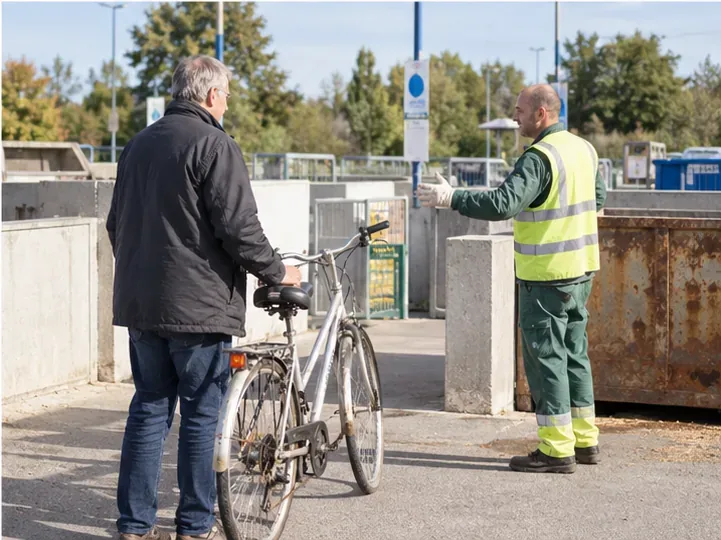 Un particulier arrive avec son vieux vélo dans une déchèterie et demande à un agent en gilet haute visibilité où le déposer.