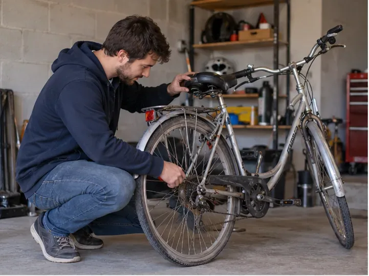 Un homme inspecte la roue arrière, la transmission et le cadre d’un vieux vélo argenté dans un garage avant de décider de son sort.