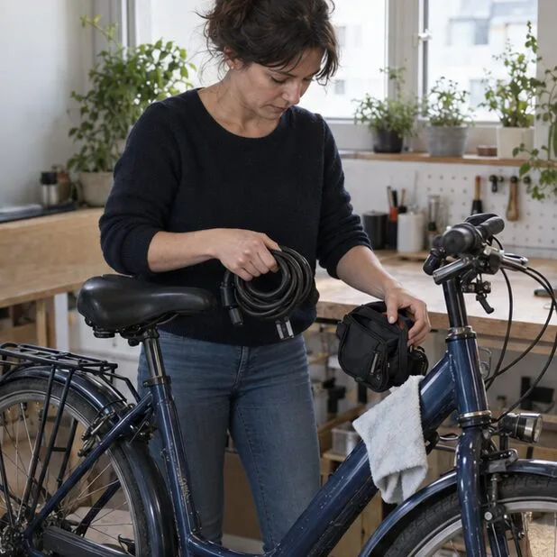 Une femme retire un antivol et une sacoche d’un vélo de ville tout en essuyant le cadre avec un chiffon