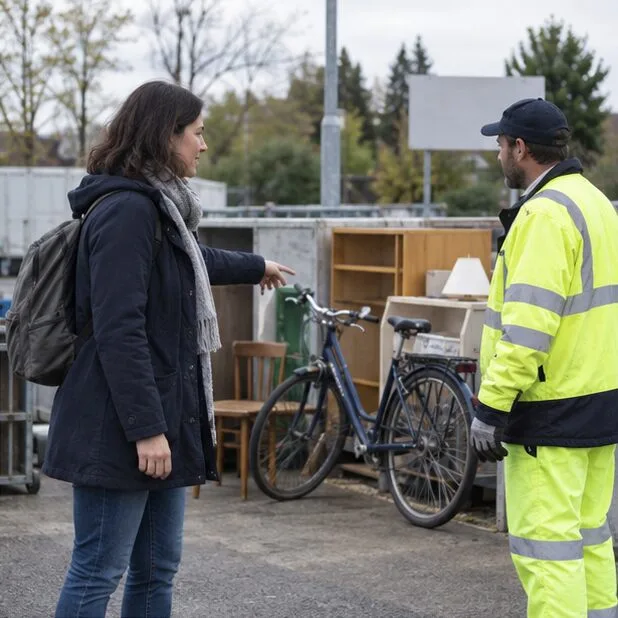 Une habitante montre un vélo à un agent en tenue de sécurité près d’un espace de réemploi