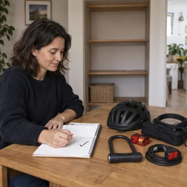 Une femme coche une note après avoir séparé un casque, un antivol et des accessoires de vélo sur une table