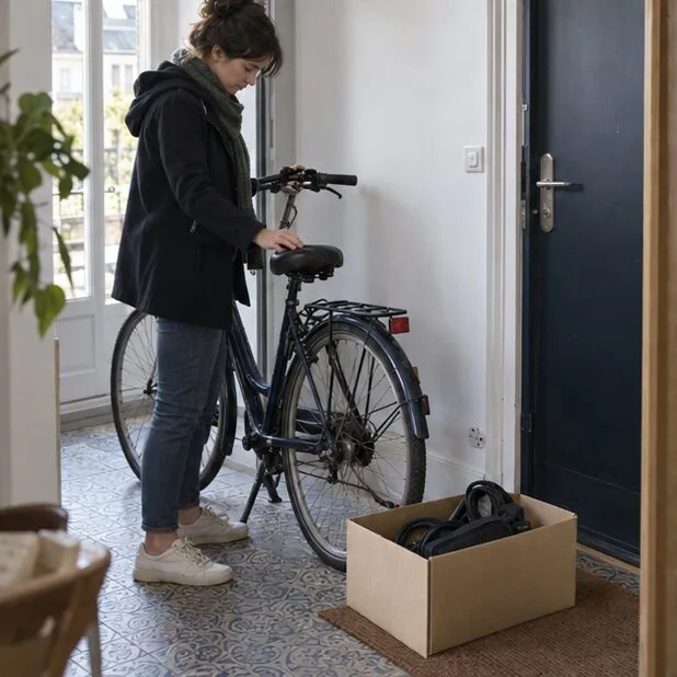 Une femme place un vélo intact près d’une porte, avec une boîte contenant des accessoires à côté