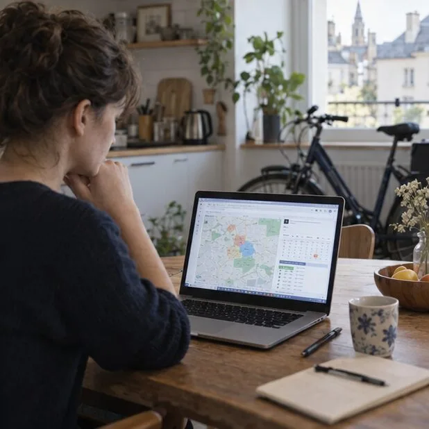 Une femme consulte une carte et un calendrier sur un ordinateur portable avec un vélo visible en arrière-plan