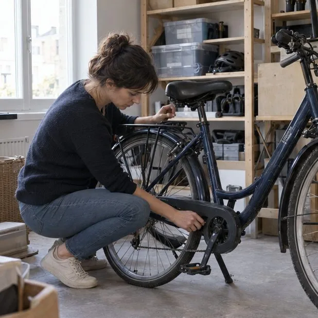 Une femme examine les roues, le cadre et la chaîne d’un vélo de ville bleu dans une pièce de rangement