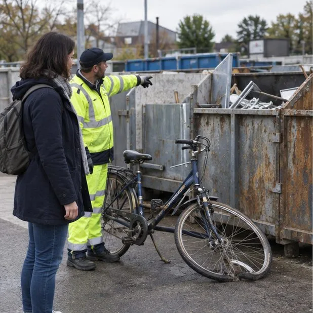 Un agent indique une zone de collecte métallique tandis qu’un vélo à la roue tordue reste au sol devant les bennes