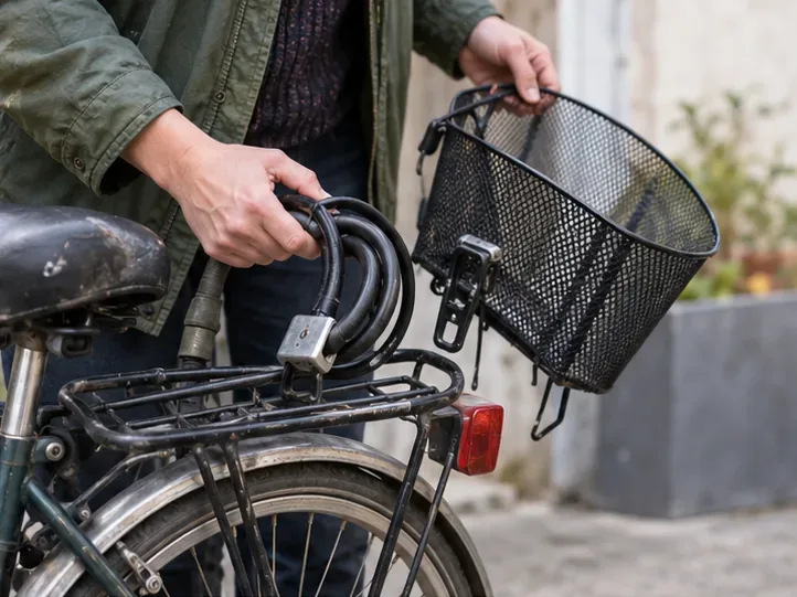 Une personne retire l’antivol et le panier d’un vélo avant son transport