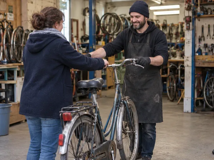 Une habitante remet un vélo d’occasion à un bénévole dans un atelier associatif