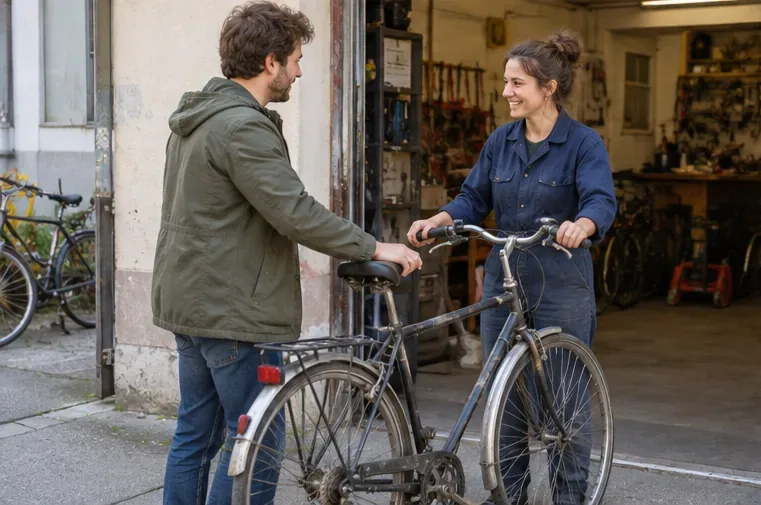 Une personne présente un vélo usagé à une intervenante devant la porte d'un atelier de cycles.