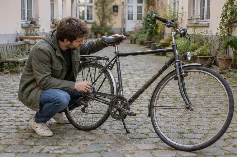 Une personne examine les roues et la transmission d'un vélo usagé dans une cour pavée.