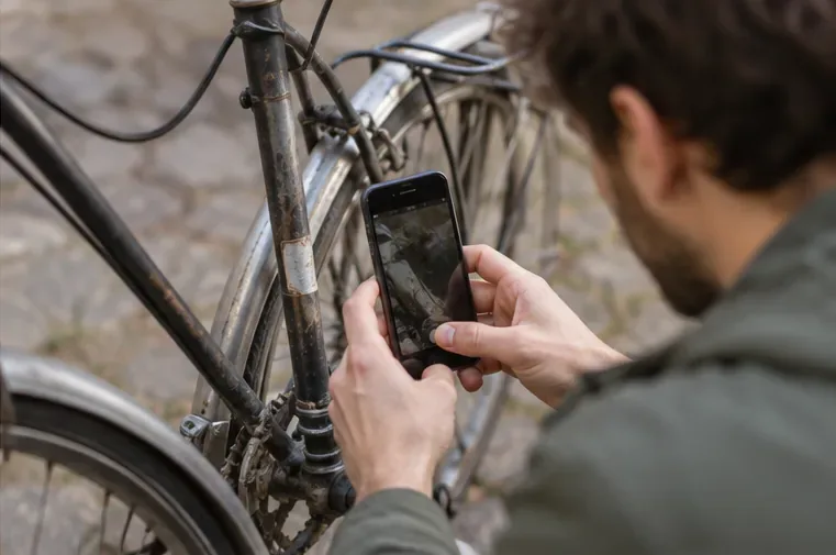 Une personne photographie avec son téléphone la zone marquée sur le cadre d'un vélo usagé.