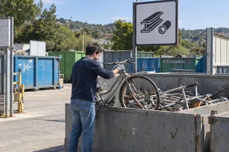 Un homme dépose un vieux vélo dans une grande benne contenant des objets métalliques dans un centre de valorisation.