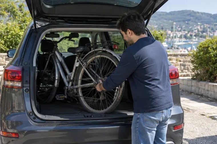 Un homme charge un vieux vélo dans le coffre ouvert d’une voiture avant de partir vers une déchèterie.