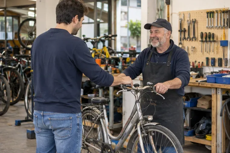 Un propriétaire présente un vieux vélo de ville à un mécanicien dans un atelier de réparation de vélos.