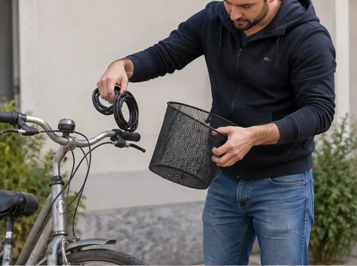 Un homme retire un panier et un antivol d’un vélo de ville avant son transport vers une solution de collecte