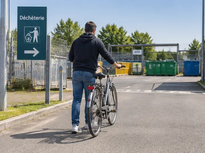 Un particulier pousse son ancien vélo vers l’entrée d’une déchèterie équipée de plusieurs conteneurs de tri