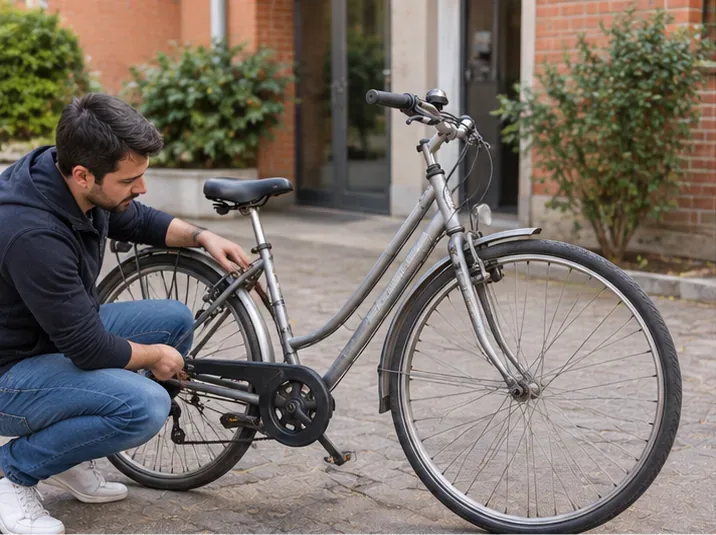Un homme examine le cadre, la roue arrière et la transmission d’un ancien vélo de ville avant de décider s’il doit être réparé ou jeté