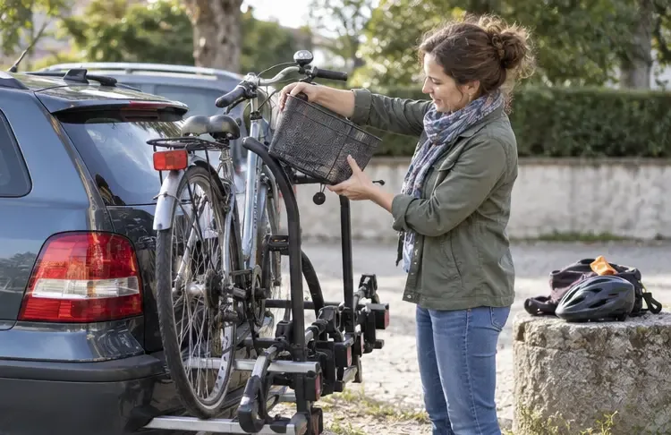 Une femme retire un panier et prépare un vélo sur un porte-vélos avant de le transporter