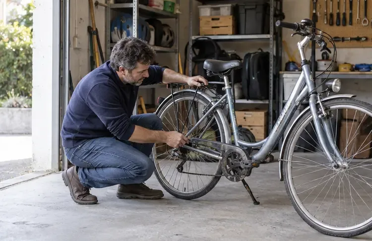 Un homme vérifie la chaîne et les composants d’un vélo usé dans un garage avant de décider entre réparation et dépôt
