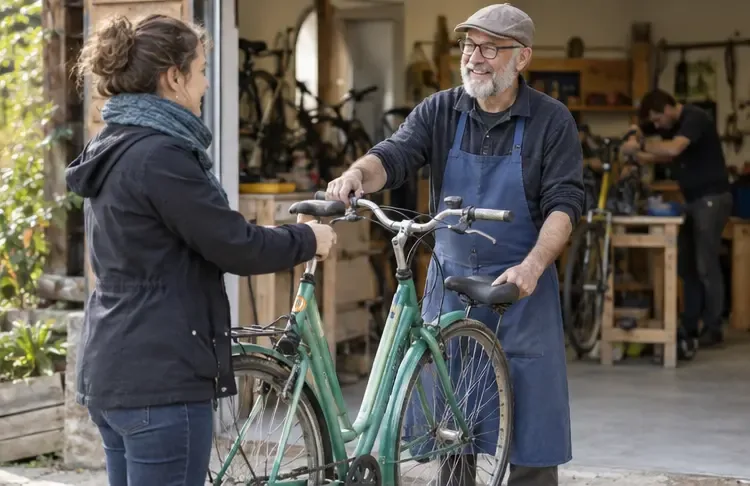 Une personne remet un vélo vert à un bénévole dans un atelier de réparation et de réemploi
