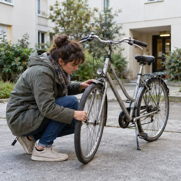 Une habitante examine la roue arrière et les freins d’un vélo dans une cour d’immeuble