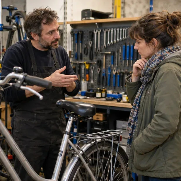 Un réparateur et une habitante discutent près d’un vélo dans un atelier équipé d’outils