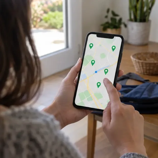 Personne vérifiant sur un smartphone une carte de points de collecte avant de se rendre sur place