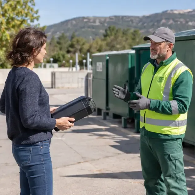 Habitante échangeant avec un agent de site au sujet d’une batterie de mobilité plus volumineuse