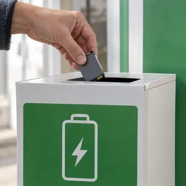 Main déposant une petite batterie intacte dans une borne blanche et verte réservée aux batteries