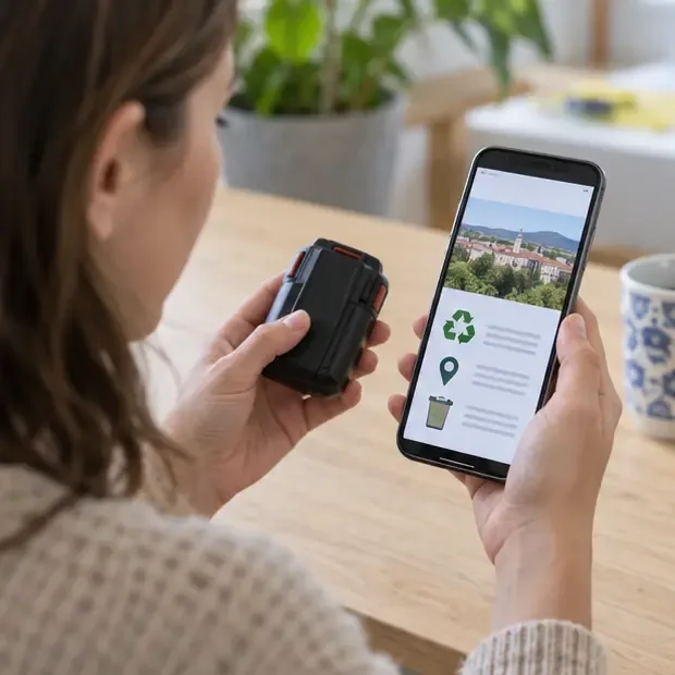 Personne consultant sur un téléphone une page d’information sur le recyclage tout en tenant une batterie amovible