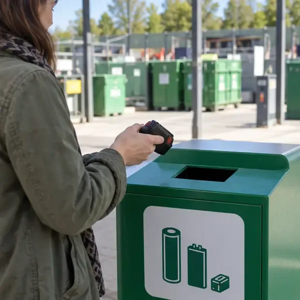Personne apportant une batterie intacte vers une borne verte dédiée aux piles et batteries dans un espace de collecte