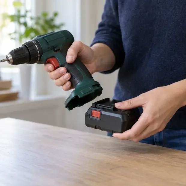 Personne séparant une batterie amovible d’une perceuse sans fil pour identifier le déchet à déposer