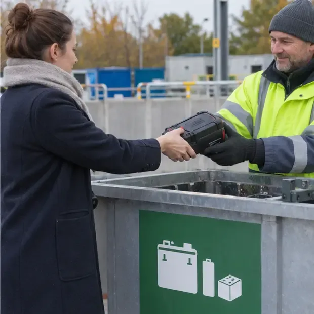Une usagère remet un pack de batterie à un agent dans une déchèterie municipale équipée d’un conteneur dédié