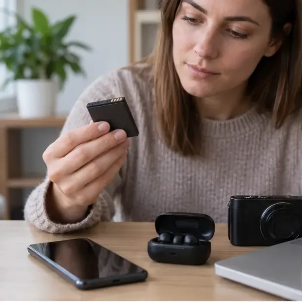 Une personne examine une petite batterie lithium-ion amovible à côté d’un smartphone et d’appareils électroniques sur une table