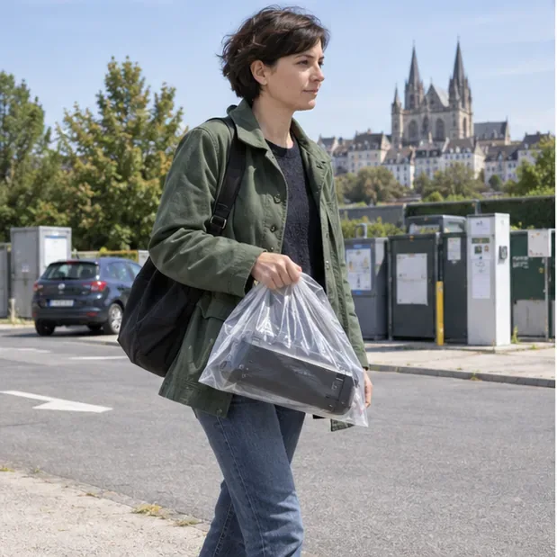 Une habitante transporte une batterie de vélo électrique protégée dans un sac individuel vers un point de collecte