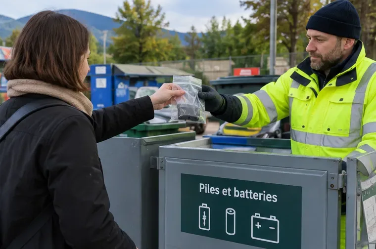 Une habitante remet à un agent de déchèterie un petit sachet contenant une batterie, devant une zone de collecte des piles et batteries